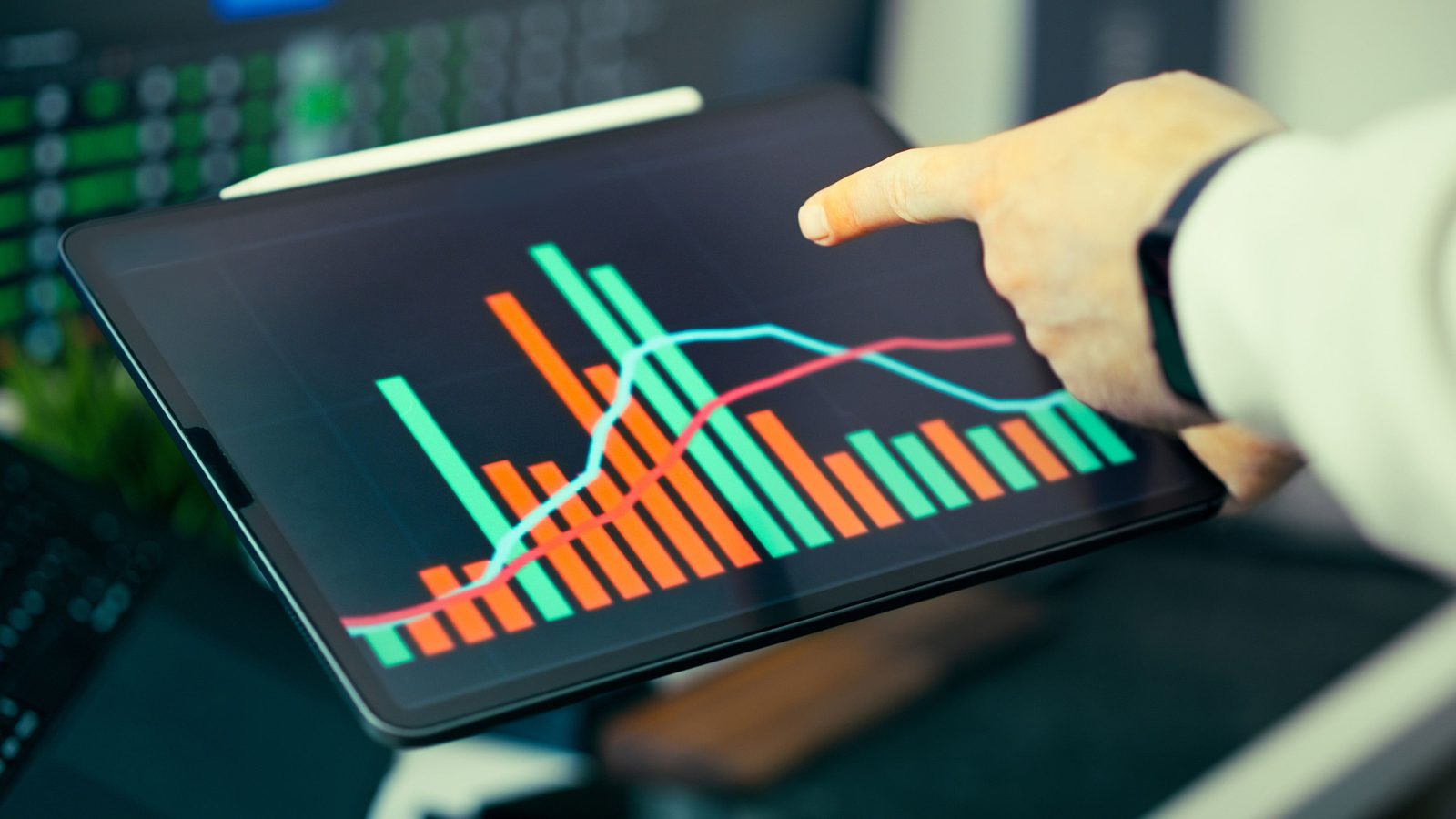 A financial performance chart on a screen
