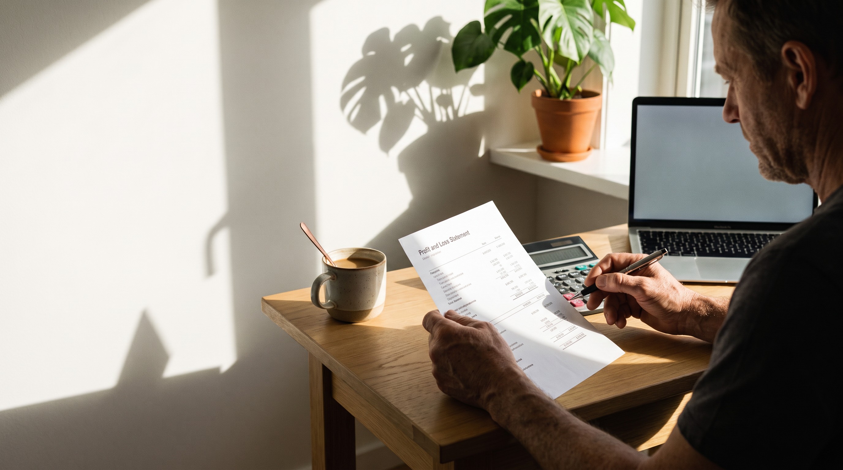 A small business owner at a desk reviewing a printed profit and loss statement with a pen and calculator